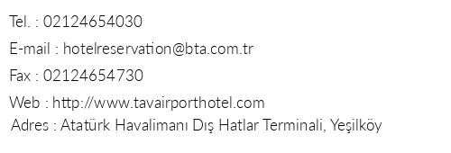 Tav Airport Hotel stanbul telefon numaralar, faks, e-mail, posta adresi ve iletiim bilgileri